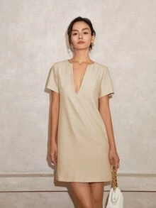 Women V-Neck Casual Short Sleeve Straight Midi Dress, Business Casual Women Vacation Outfits