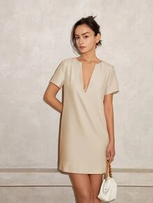 Women V-Neck Casual Short Sleeve Straight Midi Dress, Business Casual Women Vacation Outfits