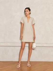 Women V-Neck Casual Short Sleeve Straight Midi Dress, Business Casual Women Vacation Outfits