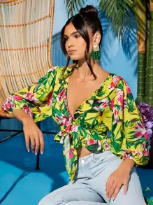 熱帶圖案荷葉邊前打結燈籠袖短款襯衫 - 彩色 - 查看 1