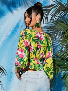 熱帶圖案荷葉邊前打結燈籠袖短款襯衫 - 彩色 - 查看 2