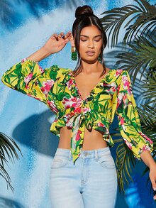 熱帶圖案荷葉邊前打結燈籠袖短款襯衫 - 彩色 - 查看 4