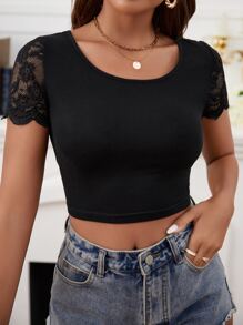 SHEIN Frenchy Lace Tie Backless Top Summer Vacation Flower Black - Black - View 5