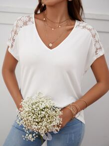 SHEIN Frenchy V Neck Contrast Lace Shoulder Tee - White - View 1