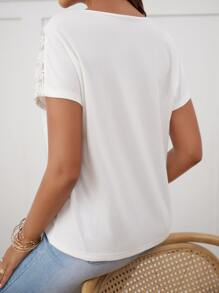 SHEIN Frenchy V Neck Contrast Lace Shoulder Tee - White - View 2