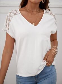 SHEIN Frenchy V Neck Contrast Lace Shoulder Tee - White - View 4