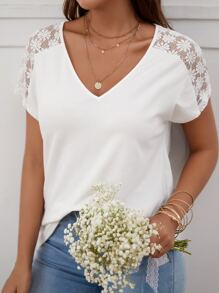 SHEIN Frenchy V Neck Contrast Lace Shoulder Tee - White - View 5