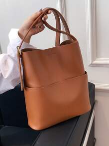 Buckle Detail Bucket Bag - Brown - View 3