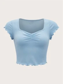 SHEIN MOD Camiseta fruncido escote corazón ribete en forma de lechuga - Celeste - Ver 1