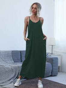 SHEIN LUNE Slant Pocket Solid Cami Dress - Dark Green - View 1