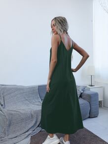 SHEIN LUNE Slant Pocket Solid Cami Dress - Dark Green - View 2