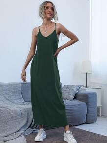SHEIN LUNE Slant Pocket Solid Cami Dress - Dark Green - View 7