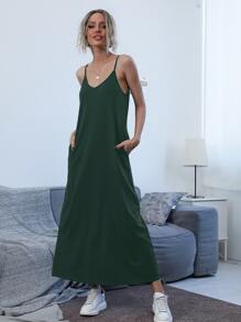 SHEIN LUNE Slant Pocket Solid Cami Dress - Dark Green - View 3