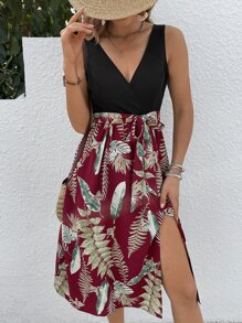 熱帶圖案下擺開叉繫腰帶連衣裙 - 彩色 - 查看 1