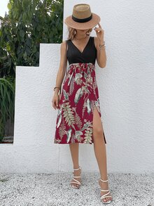 熱帶圖案下擺開叉繫腰帶連衣裙 - 彩色 - 查看 6