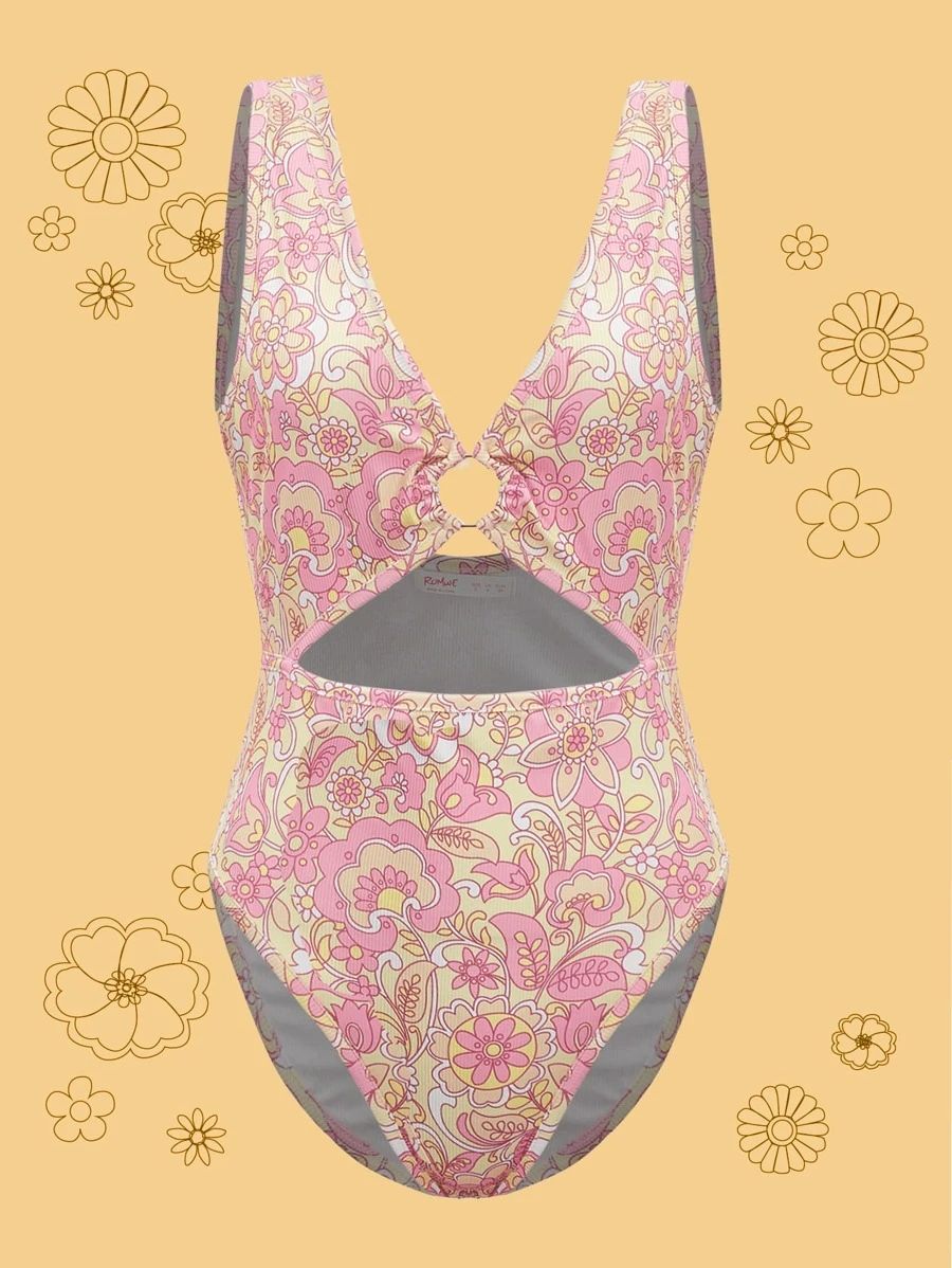 Sweetness Floral Print Ring Linked Cut Out Bodysuit - Multicolor - View 1