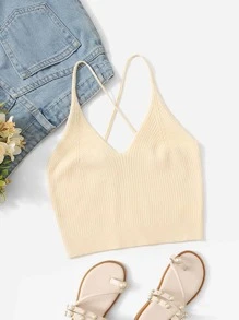 SHEIN 女孩後背十字交叉條紋針織上衣