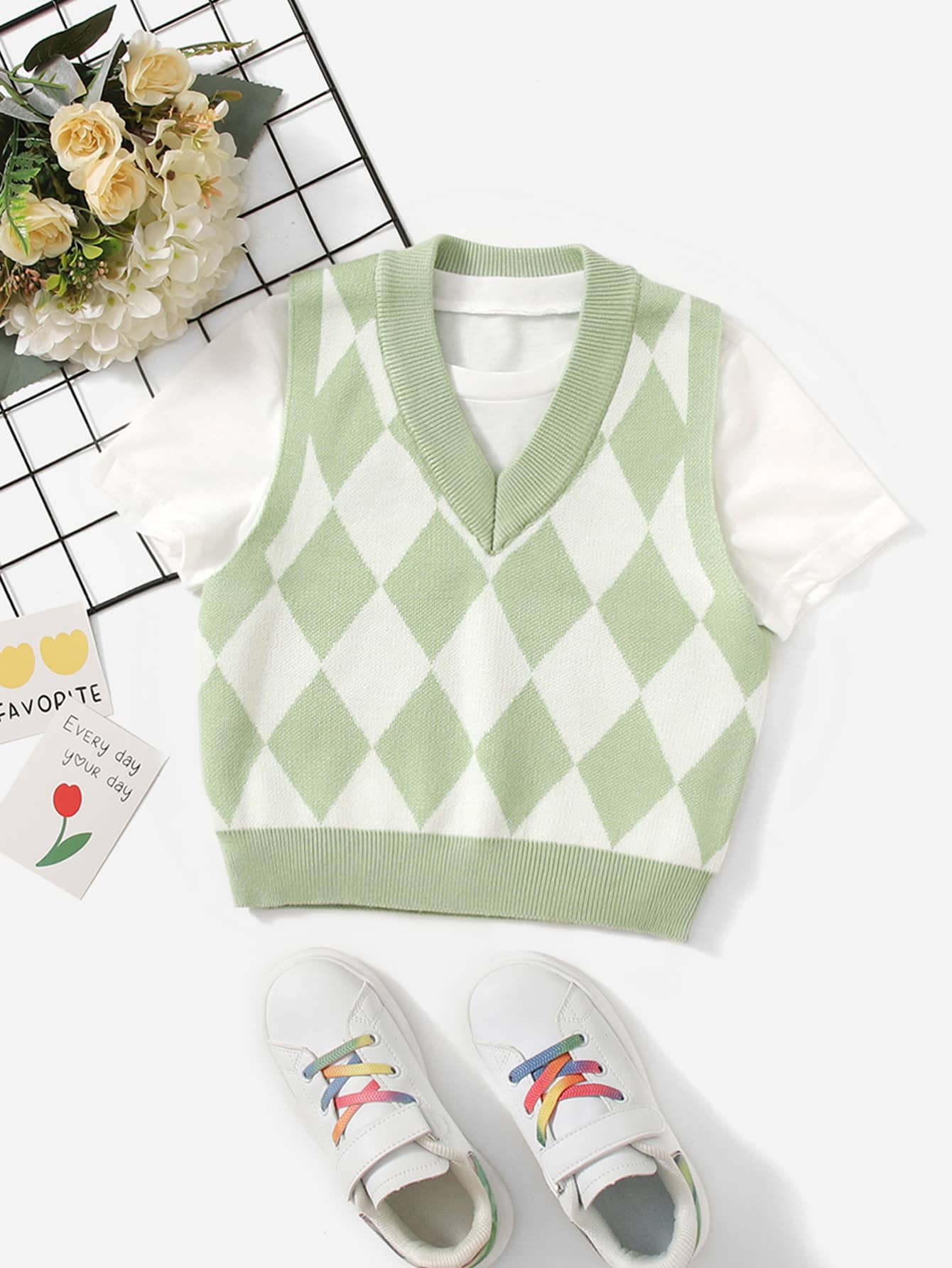 SHEIN Cô gái Tween 1 Miếng Họa tiết Argyle Áo len vest - Nhiều màu - Xem 1