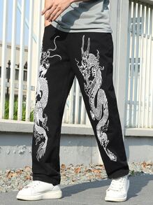 Manfinity Hombres Jeans de pierna recta con estampado de dragón chino - Negro - Ver 1