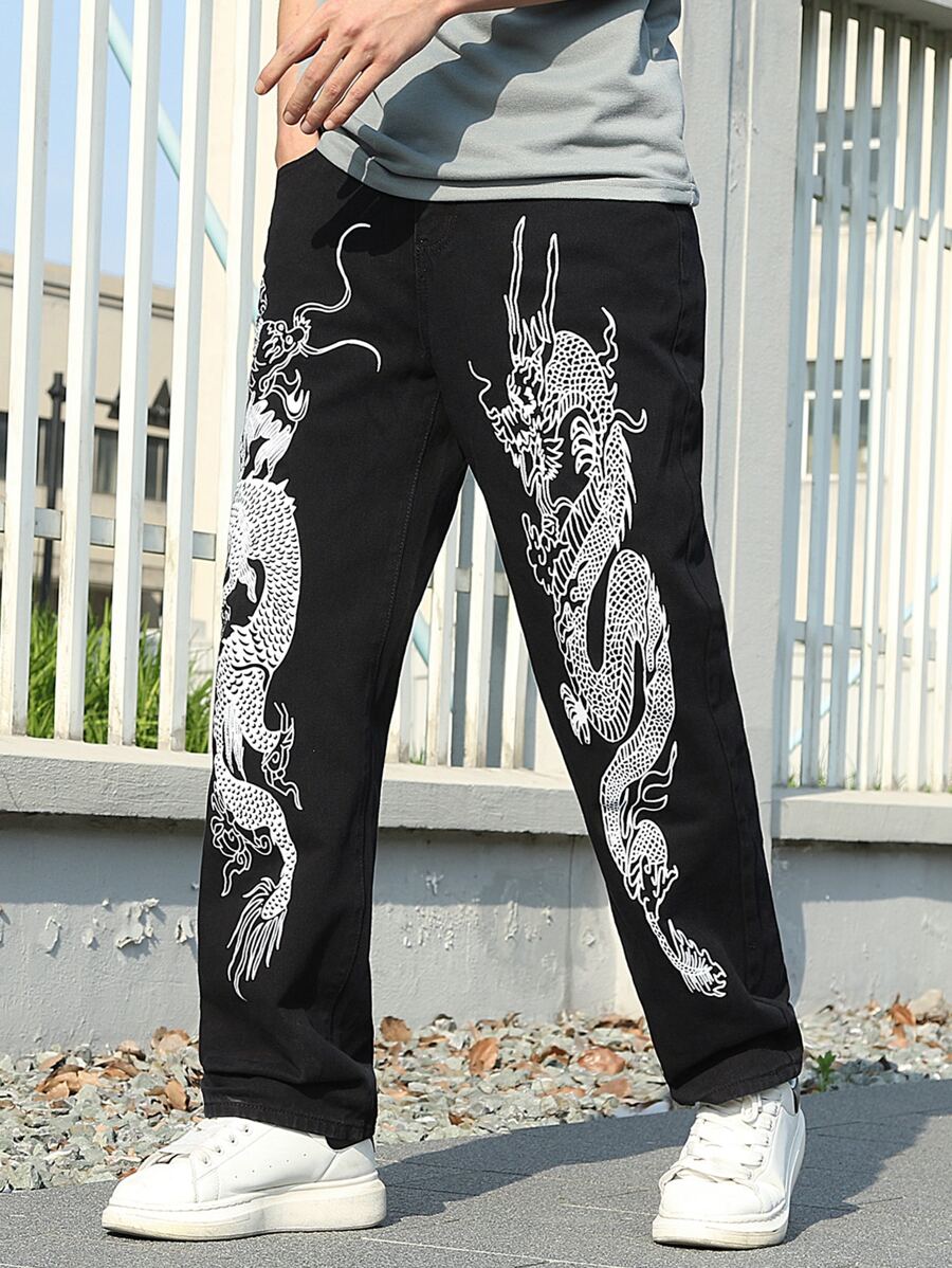 Manfinity Hombres Jeans de pierna recta con estampado de dragón chino - Negro - Ver 1