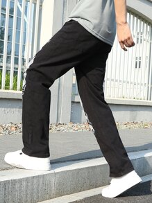 Manfinity Hombres Jeans de pierna recta con estampado de dragón chino - Negro - Ver 2