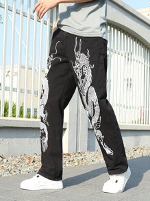 Manfinity Hombres Jeans de pierna recta con estampado de dragón chino - Negro - Ver 3