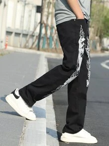 Manfinity Hombres Jeans de pierna recta con estampado de dragón chino - Negro - Ver 4