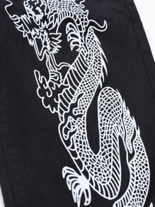 Manfinity Hombres Jeans de pierna recta con estampado de dragón chino - Negro - Ver 7