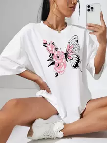 INAWLY Floral And Butterfly Print Drop Shoulder Oversized Tee Graphic Tees Women Tops, Unisex - White - View 1
