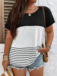 SHEIN LUNE Áo thun tay Dolman phối ren kẻ sọc tương phản màu áo thun họa tiết cho nữ - Đen và trắng - Xem 1