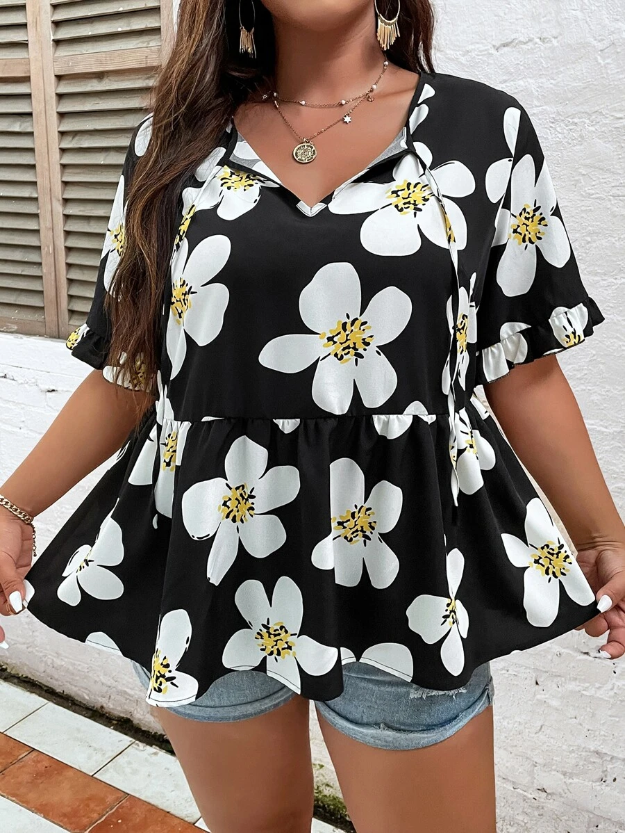 SHEIN LUNE 大碼印花荷葉袖荷葉邊下擺襯衫 - 黑與白 - 查看 1