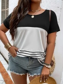 SHEIN LUNE Áo thun tay Dolman phối ren kẻ sọc tương phản màu áo thun họa tiết cho nữ - Đen và trắng - Xem 3