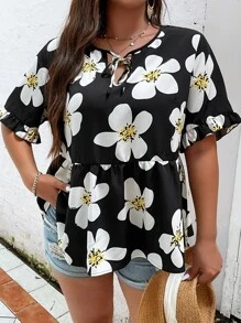 SHEIN LUNE 大碼印花荷葉袖荷葉邊下擺襯衫 - 黑與白 - 查看 4