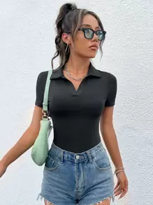 SHEIN EZwear Solid Collared Tee Bodysuit - Black - View 1