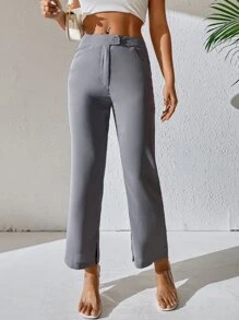 SHEIN PETITE Split Hem Flare Leg Trousers - Grey - View 2