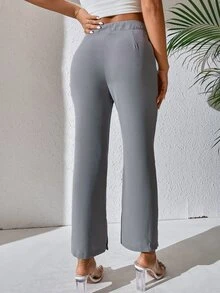 SHEIN PETITE Split Hem Flare Leg Trousers - Grey - View 3