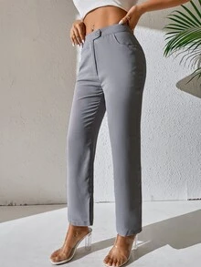 SHEIN PETITE Split Hem Flare Leg Trousers - Grey - View 4