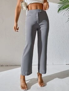SHEIN PETITE Split Hem Flare Leg Trousers - Grey - View 6