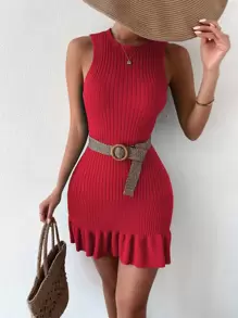 Breezaya 荷葉邊條紋針織毛衣裙不附腰帶 - 紅色 - 查看 3