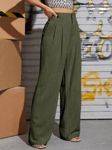 SHEIN Essnce Slant Pocket Wide Leg Trousers - Army Green - View 3