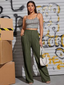 SHEIN Essnce Slant Pocket Wide Leg Trousers - Army Green - View 4