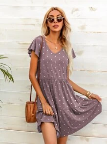 DEARCASE Đầm Xù Viên lá sen Chấm bi Giải trí - Màu tím hoa cà - Xem 1