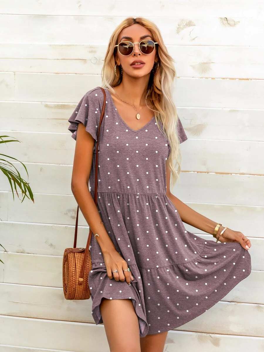 DEARCASE Đầm Xù Viên lá sen Chấm bi Giải trí - Màu tím hoa cà - Xem 1