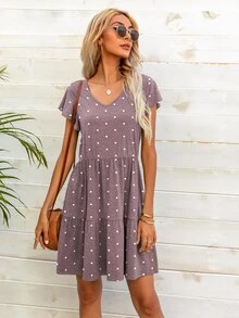 DEARCASE Đầm Xù Viên lá sen Chấm bi Giải trí - Màu tím hoa cà - Xem 5