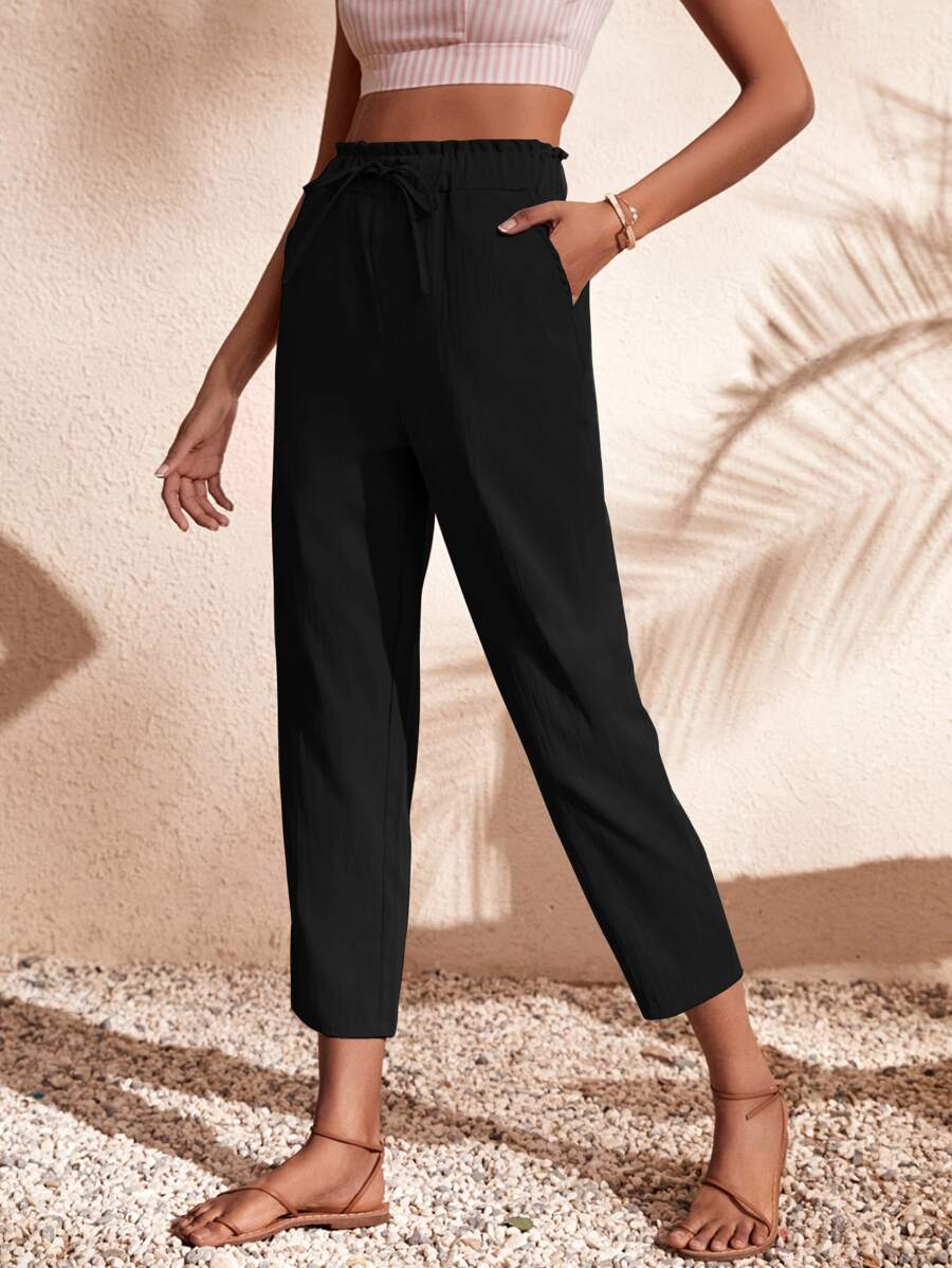 Drawstring Waist Slant Pockets Cropped Trousers - Black - View 1
