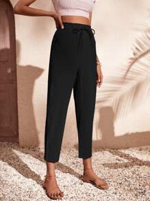 Drawstring Waist Slant Pockets Cropped Trousers - Black - View 4