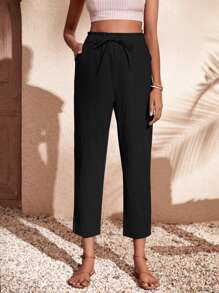 Drawstring Waist Slant Pockets Cropped Trousers - Black - View 5