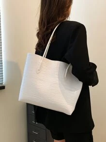 鱷魚壓紋單肩托特包附錢包 - 白色 - 查看 3