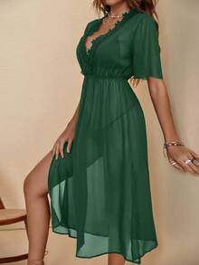 Guipure Lace Panel Split Thigh Cover Up Dress, For Summer Beach Vacation - Dark Green - View 3