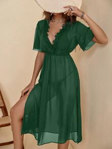 Guipure Lace Panel Split Thigh Cover Up Dress, For Summer Beach Vacation - Dark Green - View 4